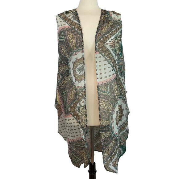 Umgee Printed Kimono M/L Flowy Open Wide Sleeve Sheer Career - Picture 1 of 6